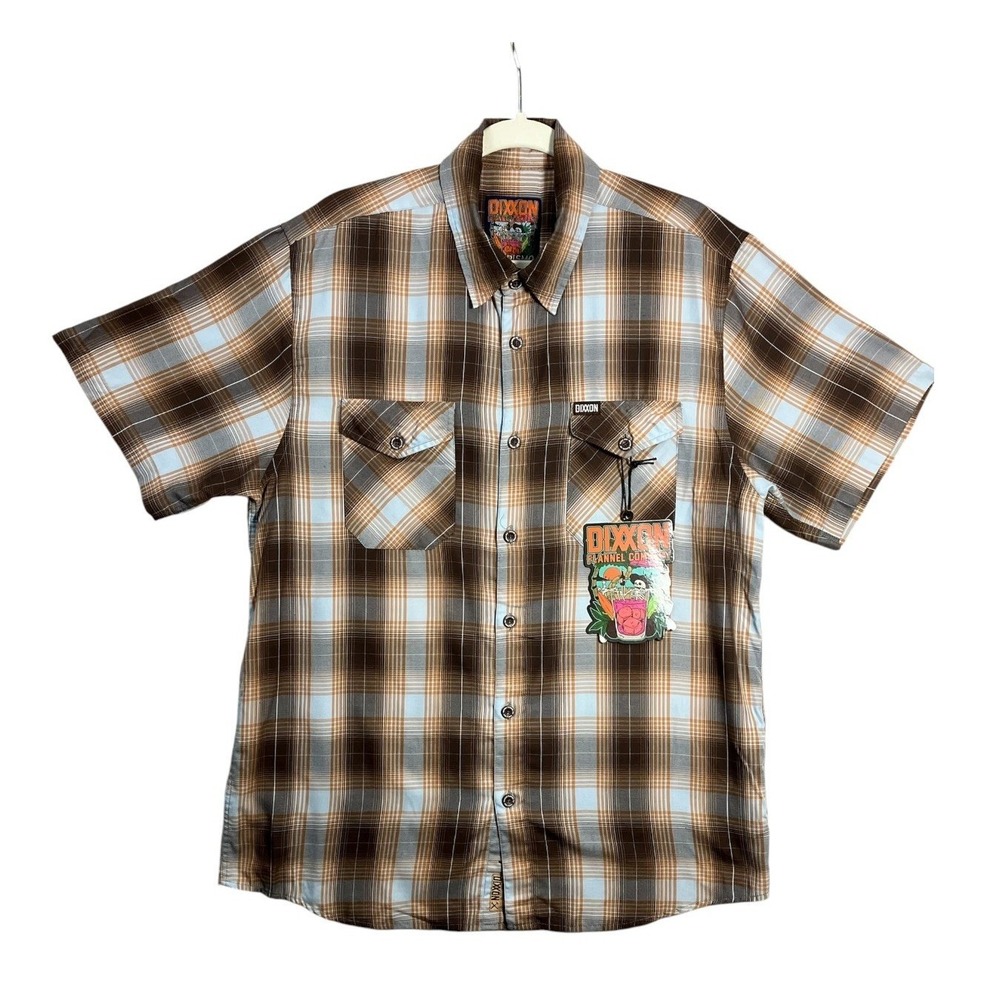 Dixxon Mens Pismo Bamboo Shirt Large Brown Blue Plaid Short Sleeve Button Up
